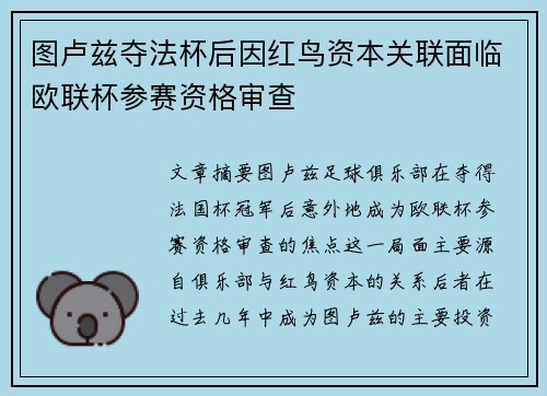 图卢兹夺法杯后因红鸟资本关联面临欧联杯参赛资格审查
